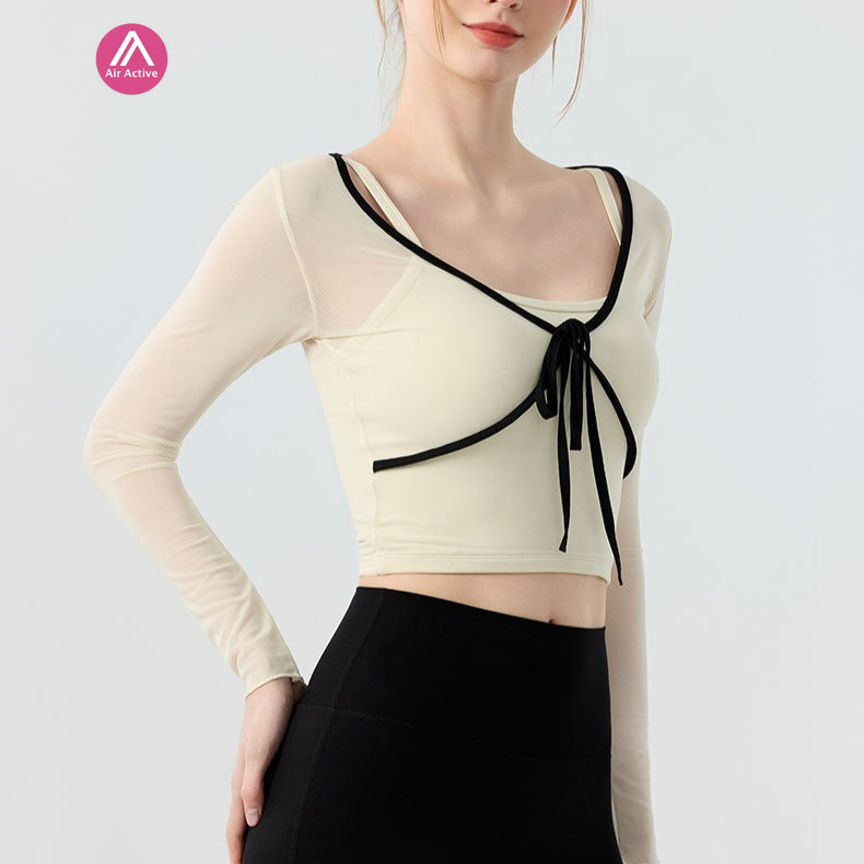 Airactive Yoga Top เบาะแขนยาวตาข่าย Bow Knot Two Tone Design กีฬาฟิตเนส