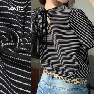 Lovito เสื้อยืดลำลองแบบตัดรูปลายผูกหลังโบว์ สำหรับฤดูใบไม้ผล…