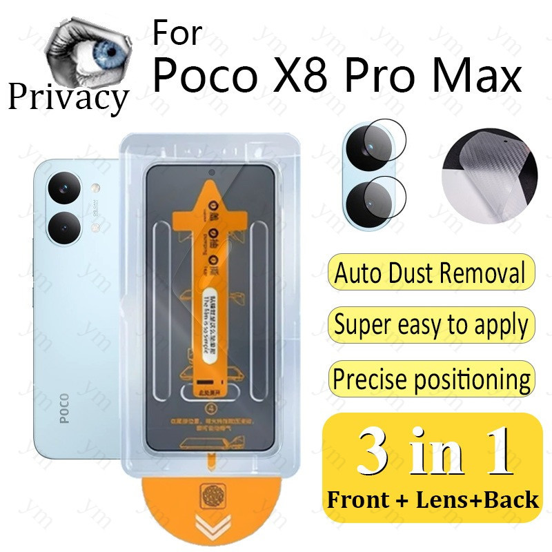 3 In 1 ฟิล์ม ฟิล์มกระจก Poco X8 Pro Max Anti-peeping One-คลิกฝุ่นฟรีกระจกนิรภัยป้องกันหน้าจอ Anti-Sp