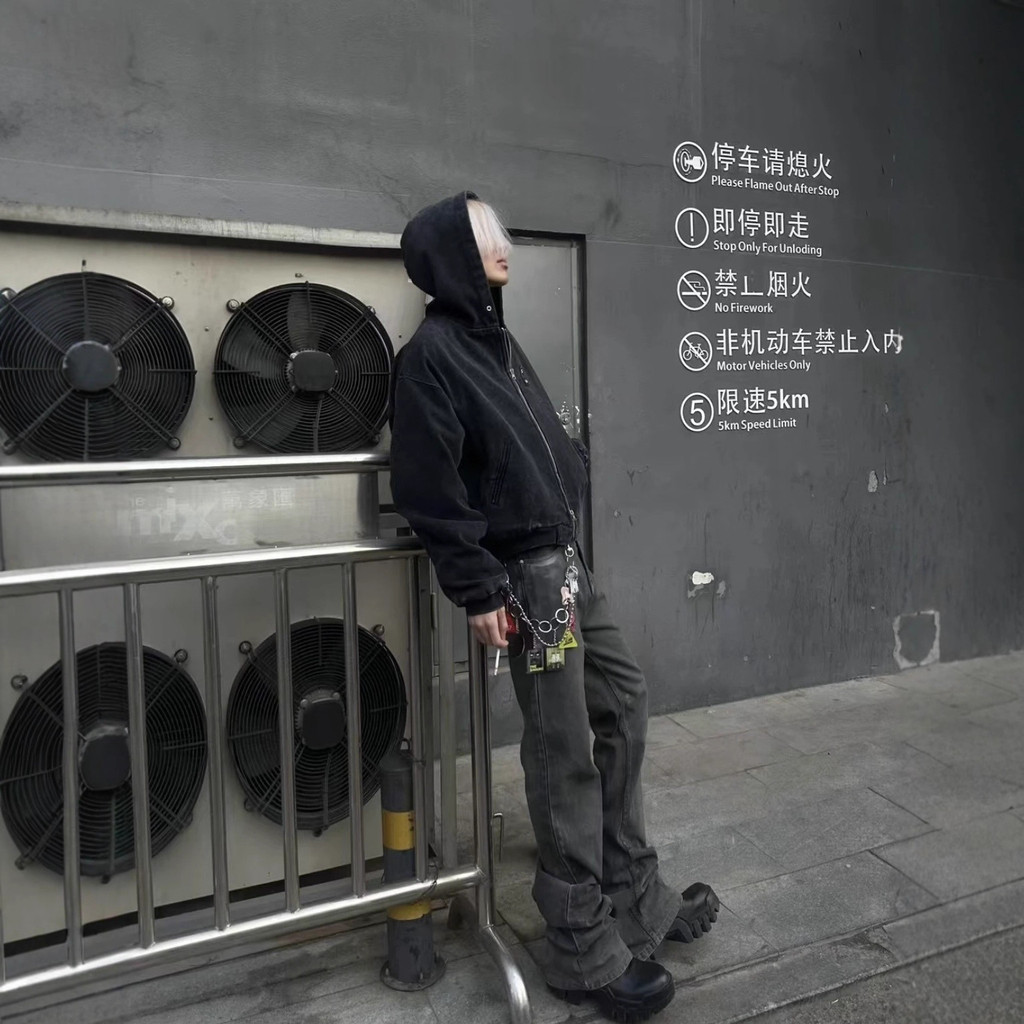 MJ7S  New autumn and winter design distressed washed zip-up hooded sweatshirt loose jacket for men