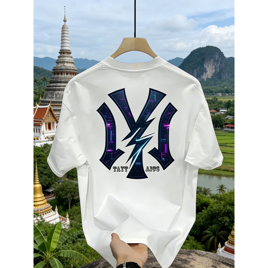 เสื้อยืดผู้ชาย - เสื้อยืดคอกลมสีขาวลายสายฟ้า, เสื้อลำลอง - เสื้อหน้าร้อนระบายอากาศสำหรับวัยรุ่นและผู้ใหญ่, ดีไซน์ทันสมัย