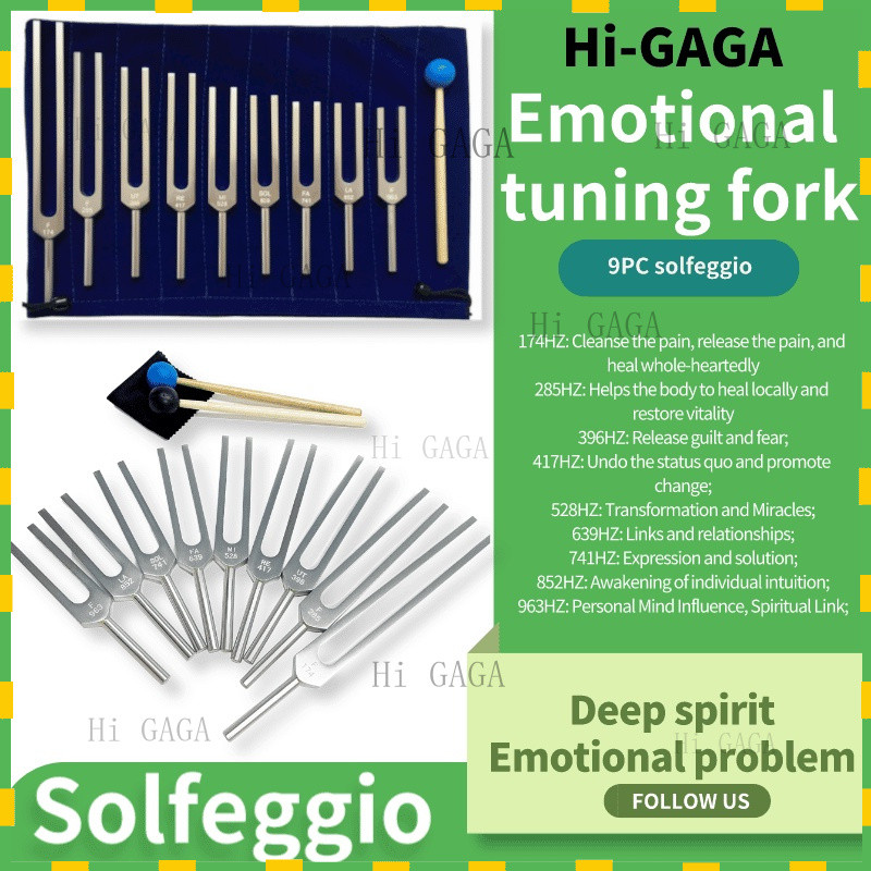 Solfeggio 9 ชิ้น Silver Aluminium Alloy Tuning Fork Set 174HZ285396417528639741852963เฮิรตซ์