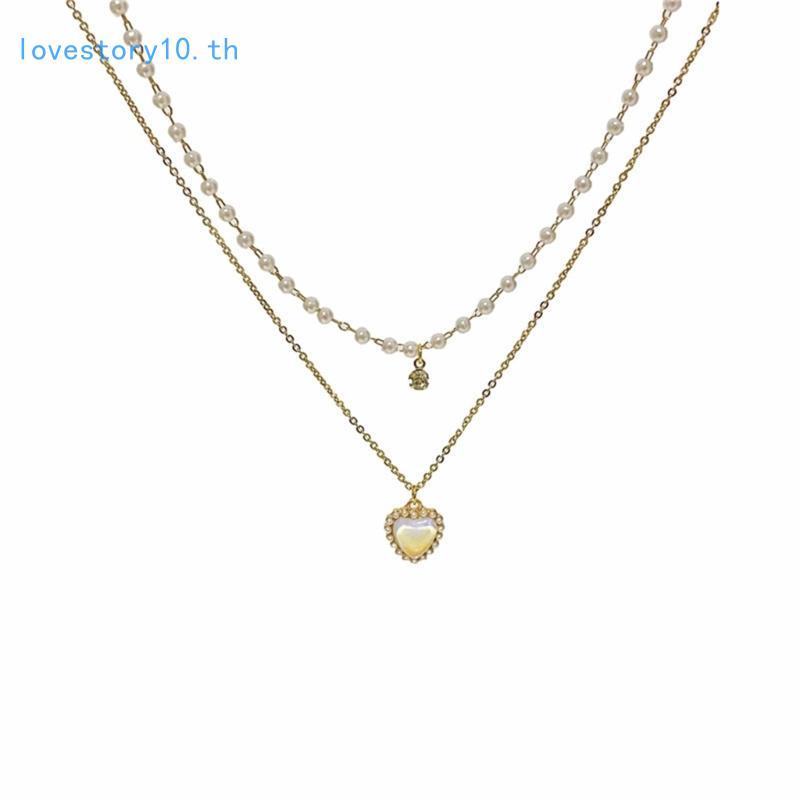 LOVE2 Charm สร้อยคอจี้หัวใจสร้อยคอโซ่ไข่มุกสไตล์เครื่องประดับคอโลหะผสมเหมาะสําหรับงานแต่งงานและ Pa