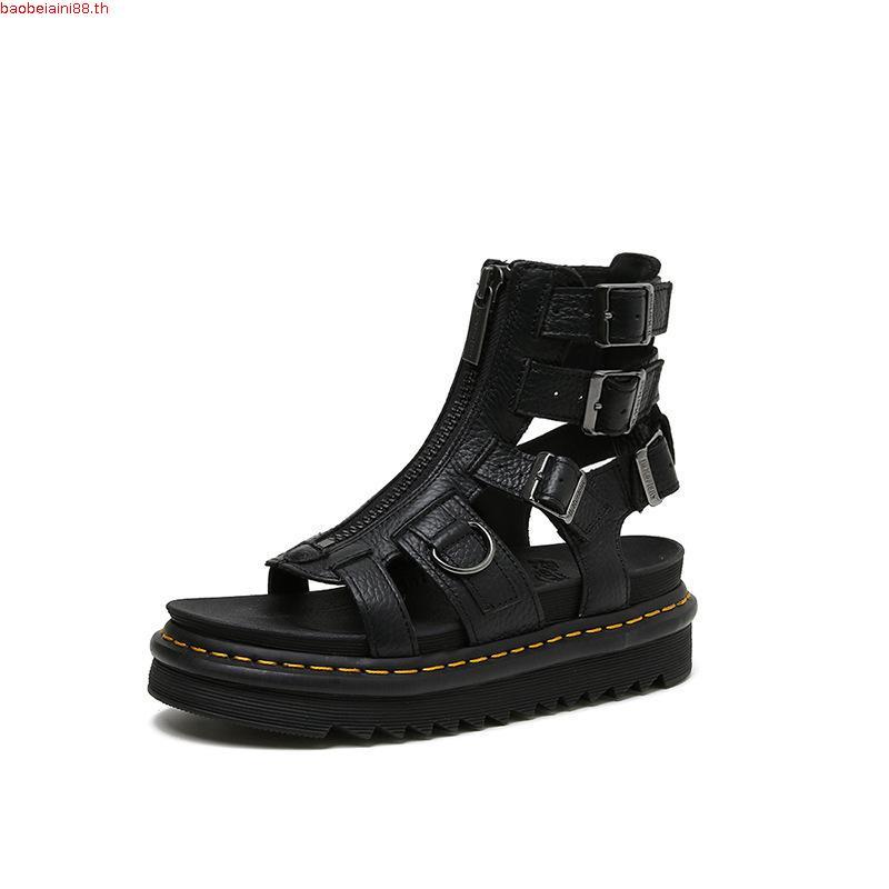 Dr.martens รองเท้าแตะผู้ชายรองเท้าแตะพื้นหนามีซิปหนังลิ้นจี่ด้านหน้าน้ําหนักเบาและสบาย