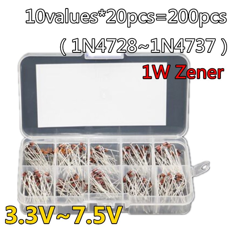 10valuesX20pcs = 200pcs 1W Zener ไดโอดกล่องชุด 3.3 V ~ 7.5 V 1N4728 1N4729 1N4730 1N4732 1N4733 1N47
