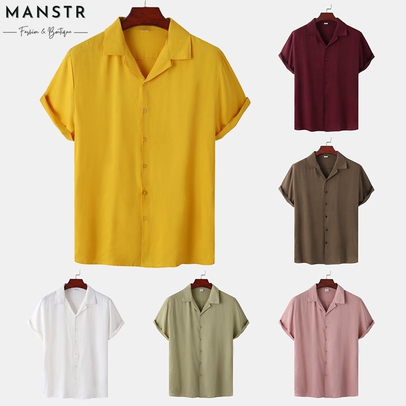CODSummer Mens Casual Cuban Collar Short Sleeve Button Up Plain Shirt Korean Streetwear Slim Fit Bas