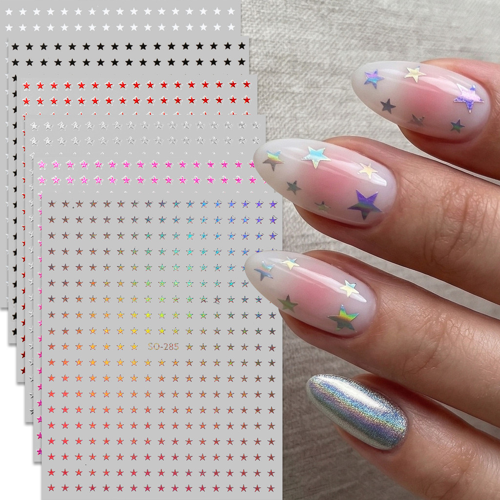 HAMA [คลังสินค้าพร้อม] 3D Self-Adhesive Nail Art สติกเกอร์ Stars & Hearts Design สีดําสีขาวเงินสีแดงเลเซอร์ Aurora Star Heart สติ๊กเกอร์ติดเล็บ DIY ตกแต่งเล็บ