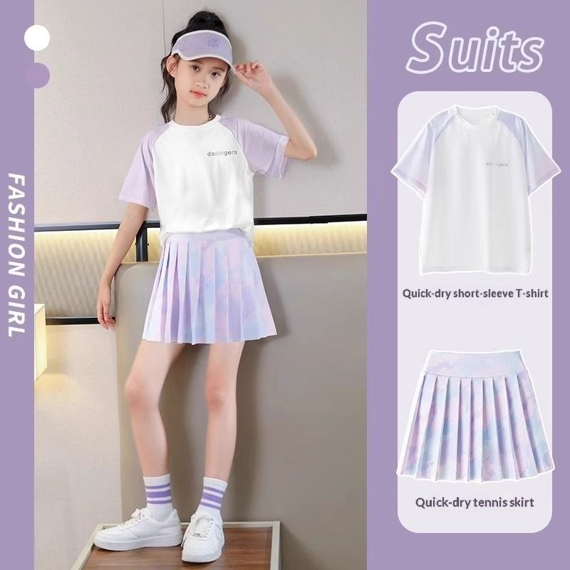 ชุดเด็กผู้หญิงสองชิ้น ผ้าไหมน้ำแข็ง สีสันสดใสสำหรับกีฬา เหมาะสำหรับเทนนิสและแบดมินตัน