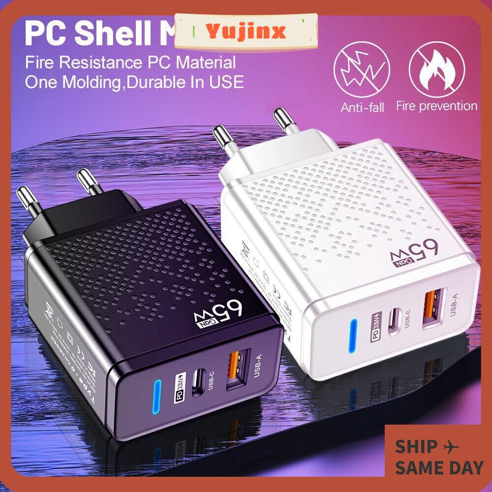 YUJINX หัวชาร์จหลายพอร์ต, Type-C USB Mobile Charger, PC Flame-retardant วัสดุ 65W Luminescent Fast CHARGING Adapter EU Plug
