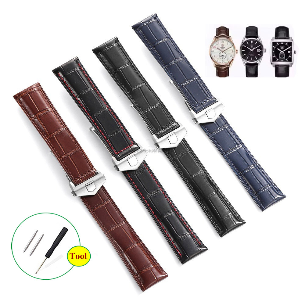 TAG HEUER สายนาฬิกาหนังแท้สําหรับแท็ก ฮอยเออร์ คาร์รา 20/22/24 มม.นาฬิกาวงพับหัวเข็มขัดสายรัดข้อมือจ