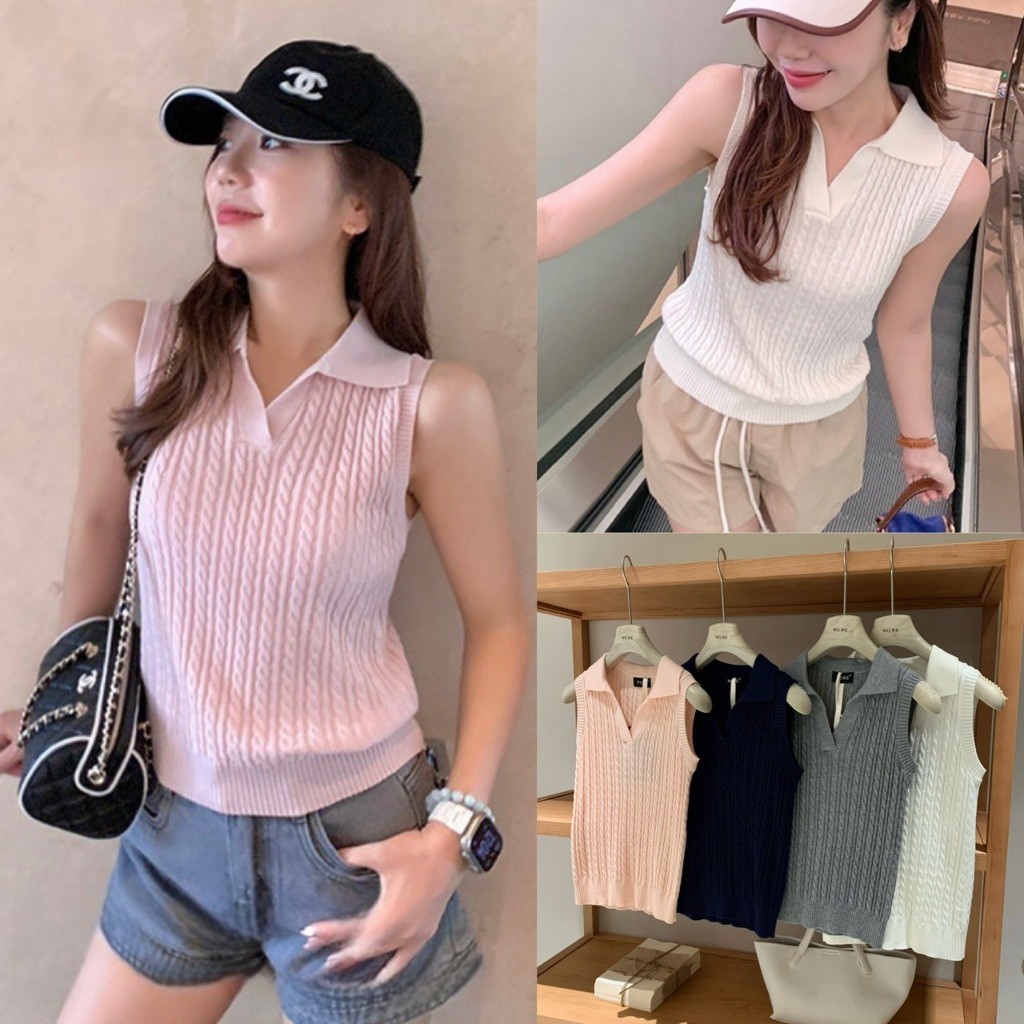 ❤ 🧵 🇰🇷 W8528 เสื้อแขนกุด คอปก ผ้าทอลายเปีย ผ้ายืดหยุ่นได้ดี ผ้านิ่มใส่สบาย สีแมทซ์ง่าย  แฟชั่นเกาหลี TAG WG.WE 🧵🧡