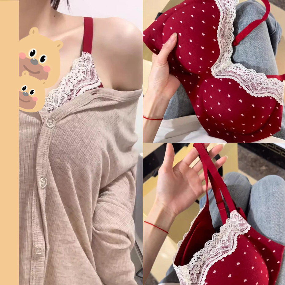 bearbra ชุดชั้นในลูกไม้ บราไร้โครง สวมใส่สบาย สวยงามเซ็กซี่ สายสามารถปรับได้ ชุดชั้นในลายจุดลูกไม้ฝรั่งเศสสีแดง