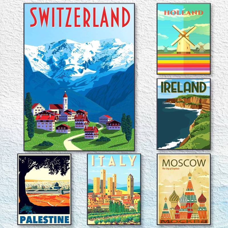 Vintage Country Travel โปสเตอร์ผ้าใบ Wall Art สวิตเซอร์แลนด์ Holland Ireland อิตาลี Palestine Moscow ภูมิทัศน์ Home Office Decor