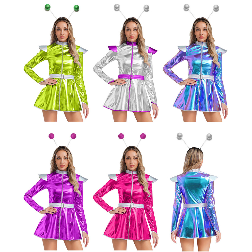 ชุดคอสเพลย์ Women’s Alien Astronaut พร้อมผม hoop แขนยาวซิปด้านหน้า ลาย Metallic Shiny A-line เหมาะสำหรับงาน Halloween และธีมอวกาศ