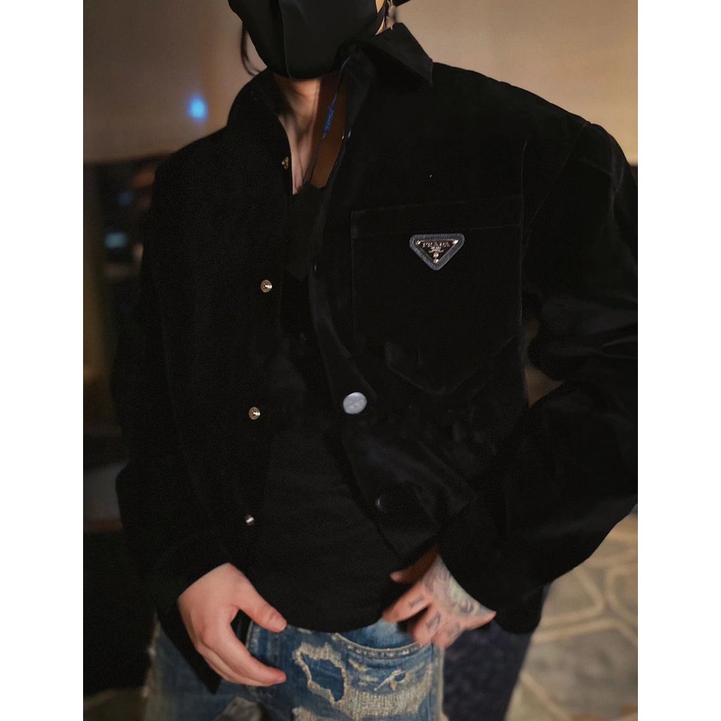 PRADA PRD 23FW Flocking Velvet Tannin Denim Jacket Jacket สีดํา