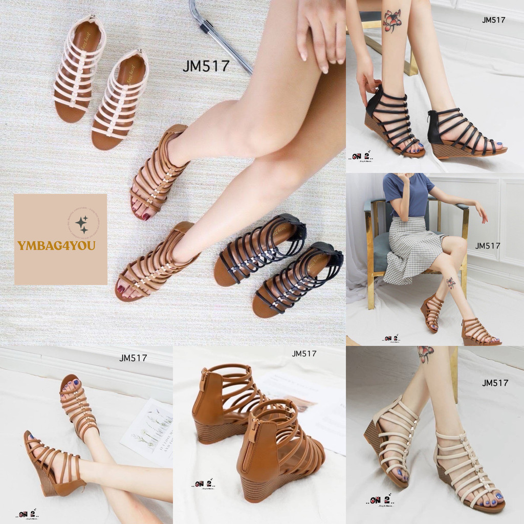 💕new💕store code jm517 รองเท้าทรงGladiator หน้าสานงานเสริมส้นสูง เป็นซิปหลังใส่ง่ายถอดสะดวกคู่ พื้นนิ