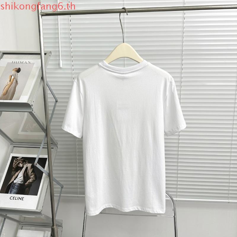 3PQA GANNI 2024 ฤดูใบไม้ผลิฤดูร้อนสไตล์ใหม่ตัวอักษรคลาสสิกสีเหลือง Distressed พิมพ์ยิ้มรอบคอหลวมแขนส