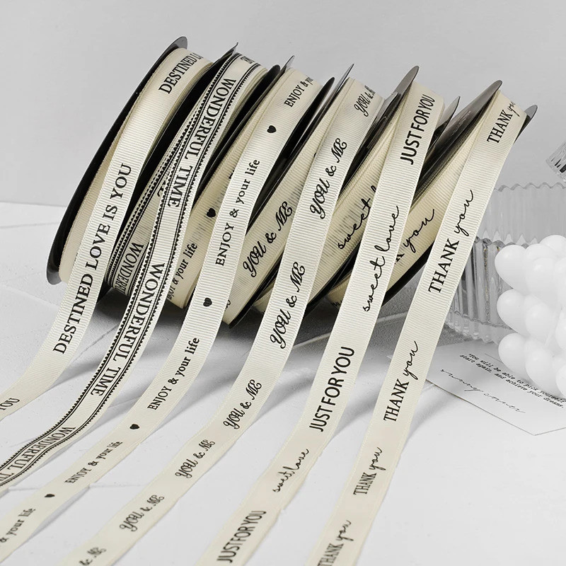45meters Beige printed text Threaded polyester ribbon Wedding Valentine's Day gift wrapping ribbon B
