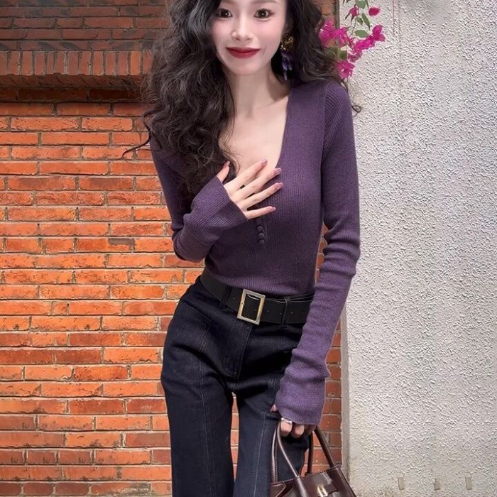 เสื้อโค้ทแขนยาวสีม่วงลายถักแบบคอวี สไตล์คลาสสิก พร้อมดีไซน์ที่พอดีตัว เหมาะสำหรับฤดูหนาว ราคา ถูกที่สุด ดีลบีเคเค แกลเลอรีภาพที่ 5