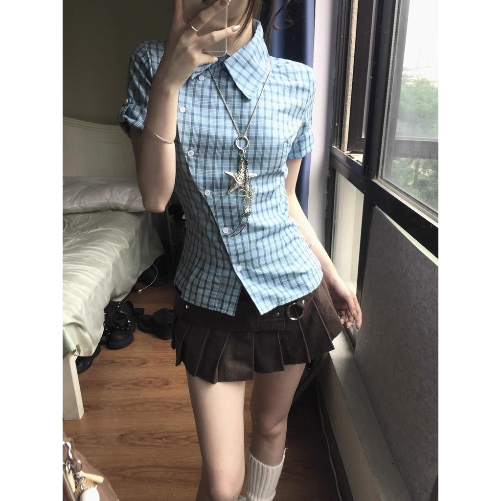 เสื้อเชิ้ตแขนสั้นลายสก๊อตสำหรับผู้หญิง แบบอ่อนโยนและสบายในฤดูใบไม้ผลิ 260128