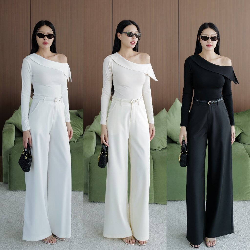 #7009 ชุดเชตงาน3ชิ้น เสื้อแขนยาวเปิดไหล่1ข้างมีแต่ขอบปกเสื้อ เนื้อผ้านิ่มยืด intuon