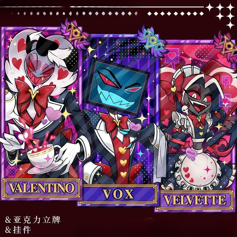 Hazbin โรงแรม KeyChain ผู้หญิง 3 Ves พวงกุญแจสําหรับชายกํามะหยี่แหวน Vox อะคริลิคพวงกุญแจ Valentino จี้ Cos สาวของขวัญ