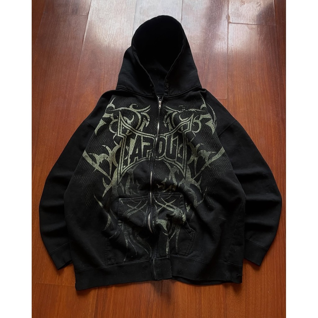Street Y2K.Zip Hoodie Harajuku สีดำสำหรับผู้หญิง ออกแบบลายพิมพ์บนเนื้อผ้าแขนยาว