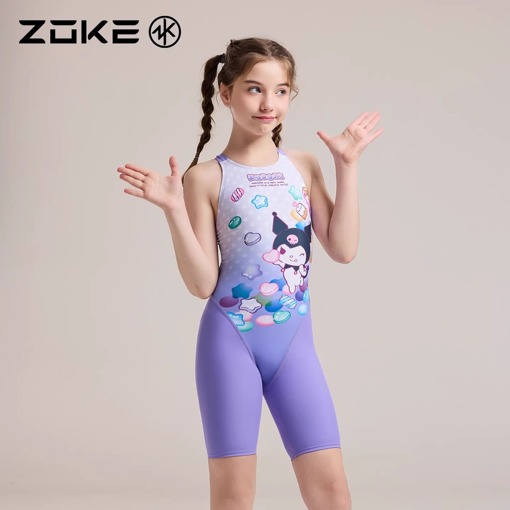 ชุดว่ายน้ำเด็กหญิง แข่งขันสระว่ายน้ำ Zoke ทนทานราคาถูก แขนสั้นยาวเข่า ฝึกซ้อม