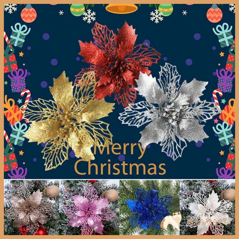 WOW 11 ซม.คริสต์มาส Glitter Poinsettia ดอกไม้ตกแต่ง Xmas Tree ดอกไม้สําหรับพวงหรีด