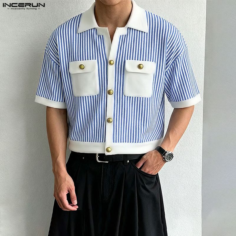 INCERUN เสื้อแขนสั้นผู้ชายสไตล์เกาหลี แบบกระดุมเปิดปุ่มได้ ลายทางตัดเย็บต่างสี