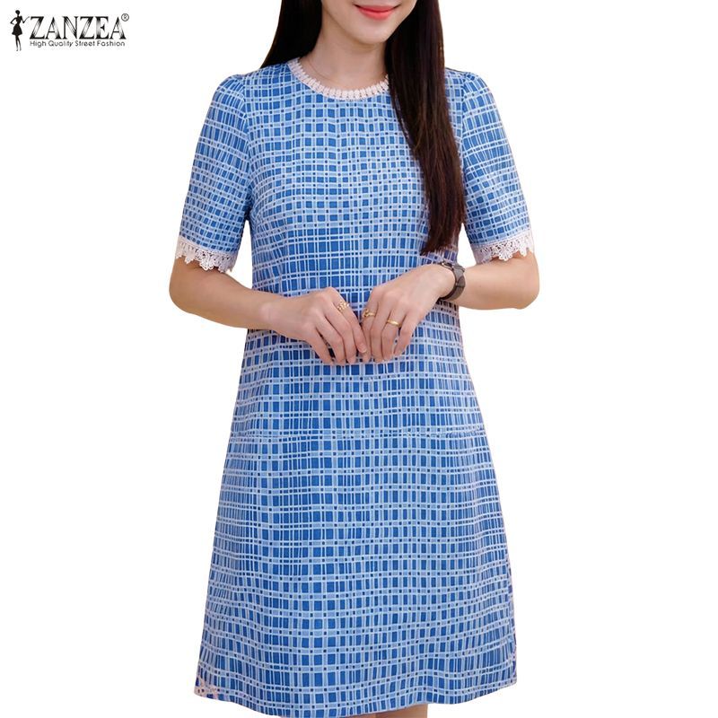 ZANZEA ซานเซีย ชุดเดรส มิดิ ลายสก๊อตคอกลมแขนสั้นแฟชั่นเกาหลีสําหรับผู้หญิง