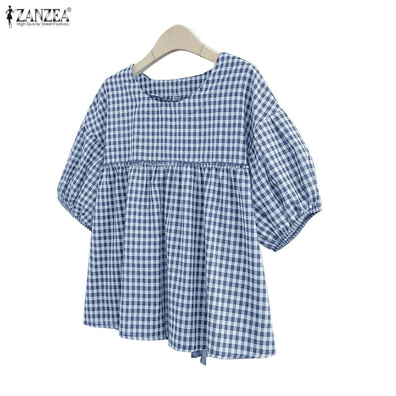 ZANZEA เสื้อเบลาส์ผู้หญิง สไตล์เกาหลีวินเทจ แขนระบาย ลายเช็กเกอร์ สไตล์ A-Line สำหรับฤดูร้อน