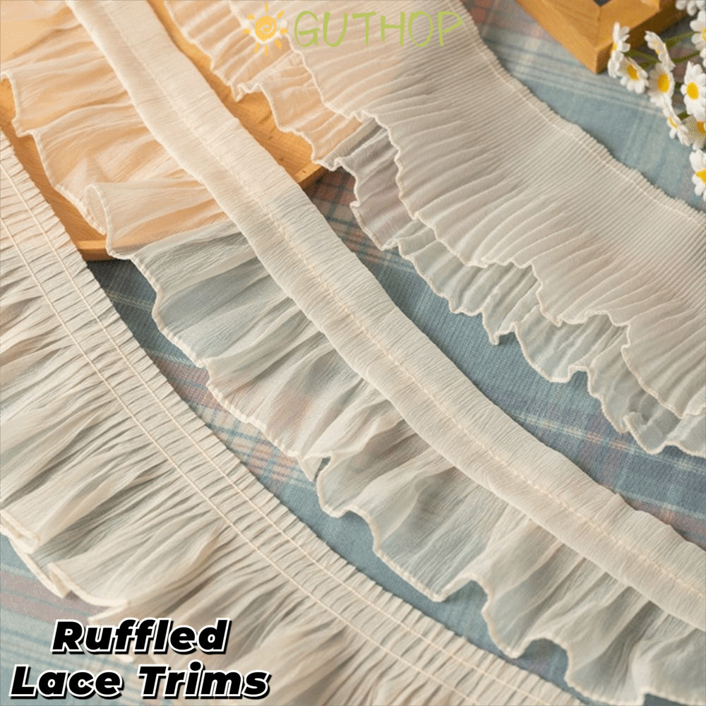 GUTHOP ชีฟองลูกไม้ Trims, ชีฟองกว้าง 9-12 ซม. Ruffled Lace Trims, 2Yards จีบผ้าลูกไม้