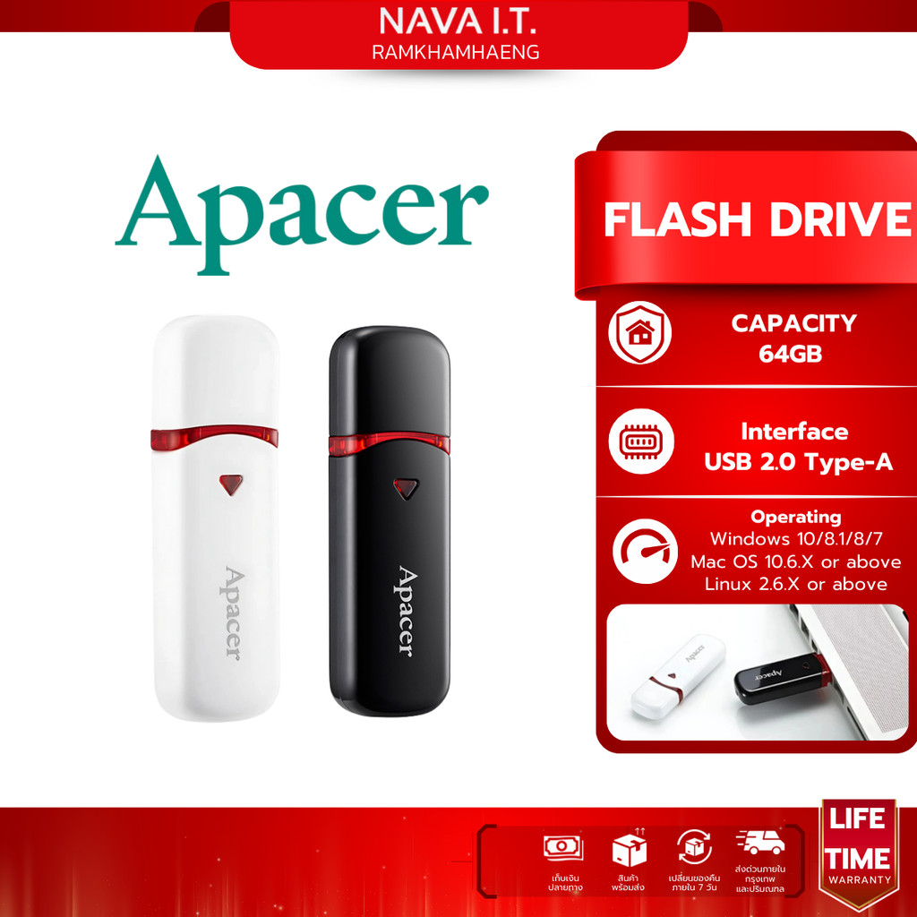 มีส่งด่วน APACER Flash Drive (แฟลชไดร์ฟ) AH333 USB2.0 White/Black 32GB