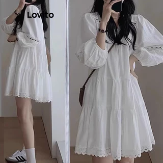 Lovito วันหยุด ชุดเดรสเรียบๆ รูดจีบสำหรับผู้หญิง เกาหลี อินเทรนด์ LNA73035