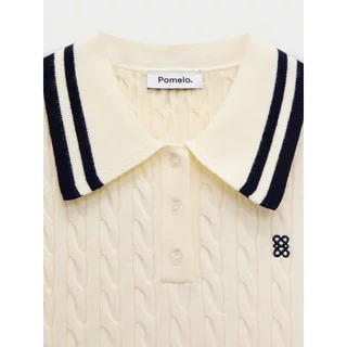[Pomelo] เดรสโปโลแขนสั้นผ้าถักลายนูนแต่งขอบคอปกสีตัดกัน / Contrast Trim Collar Cable Knit Short Sleeve Polo Dress