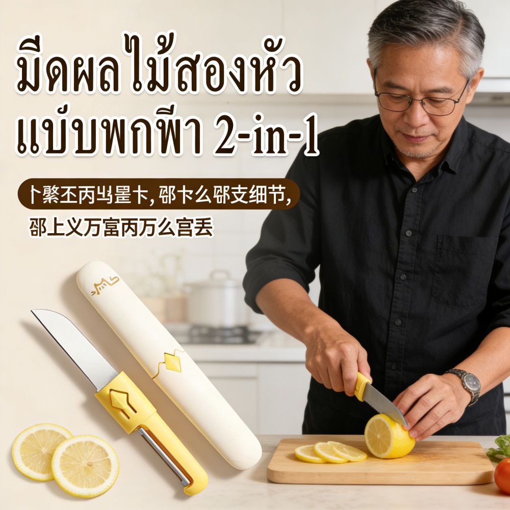 【COD】มีดปอกผลไม้ 2IN1 สแตนเลสแท้ สีเหลืองขาว มีซองเก็บ ทำความสะอาดง่าย ใช้ในครัวเรือนพกพาได้