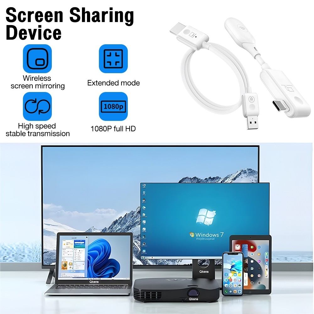 CS7 Wireless HDMI Transmitter & Receiver 1080P 60Hz USB-C Plug & Play Screen Casting สําหรับโทรศัพท์