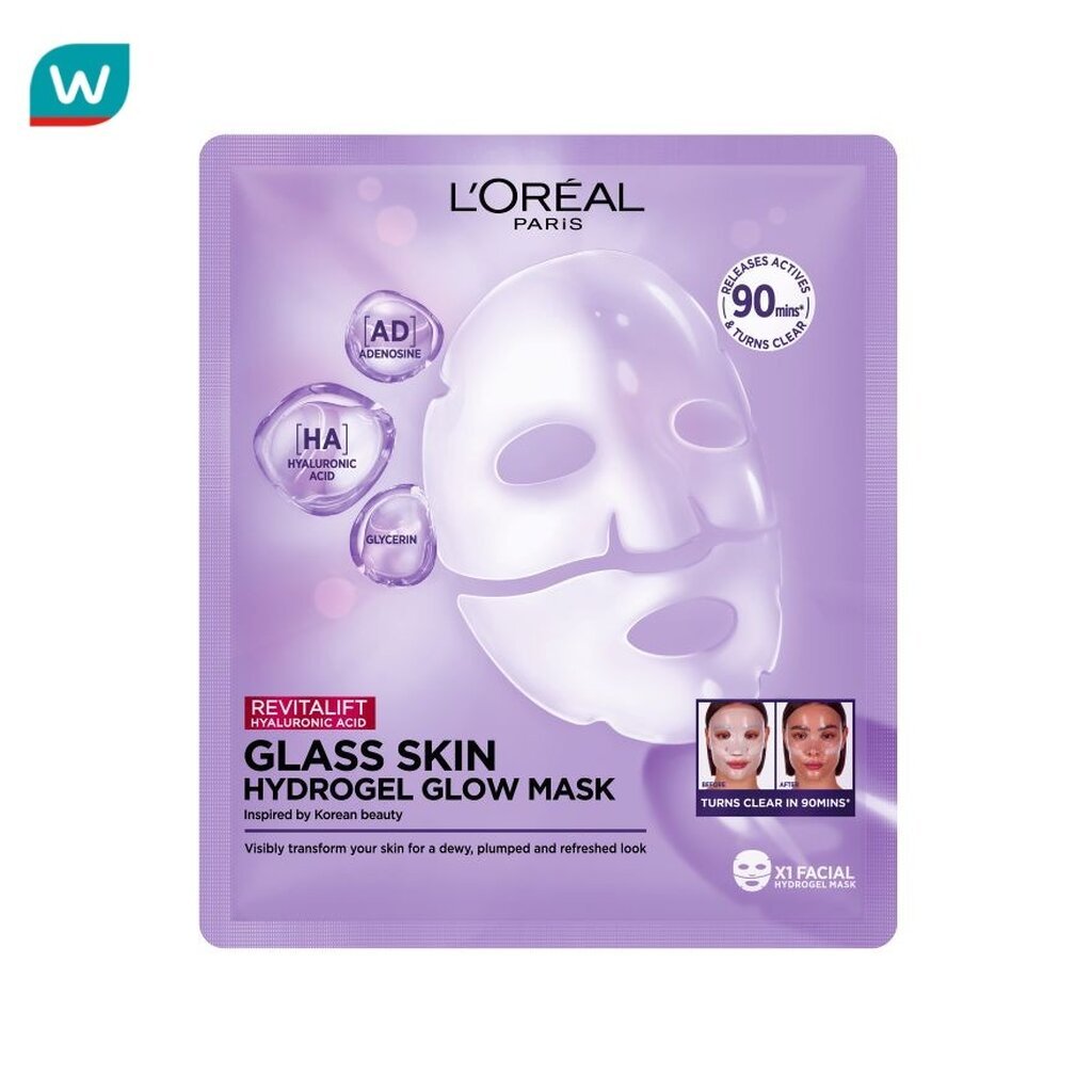 L'Oreal ลอรีอัล ปารีส รีไวทัลลิฟท์ ไฮยาลูรอนิค แอซิด กลาส สกิน ไฮโดรเจล โกลว์ มาส์ก 1 แผ่น