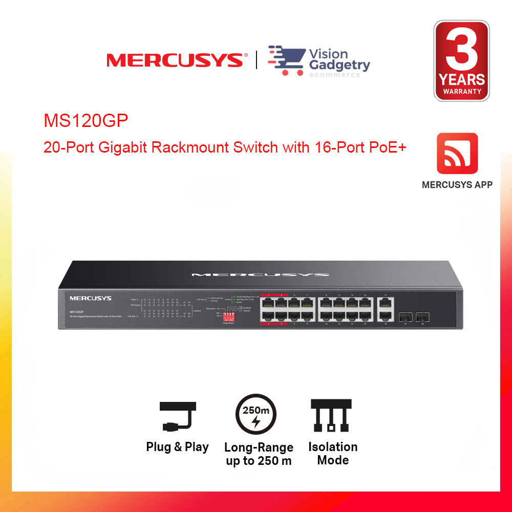Mercusys MS120GP 20-Port Gigabit Rackmount Switch พร้อม PoE 16-Port+