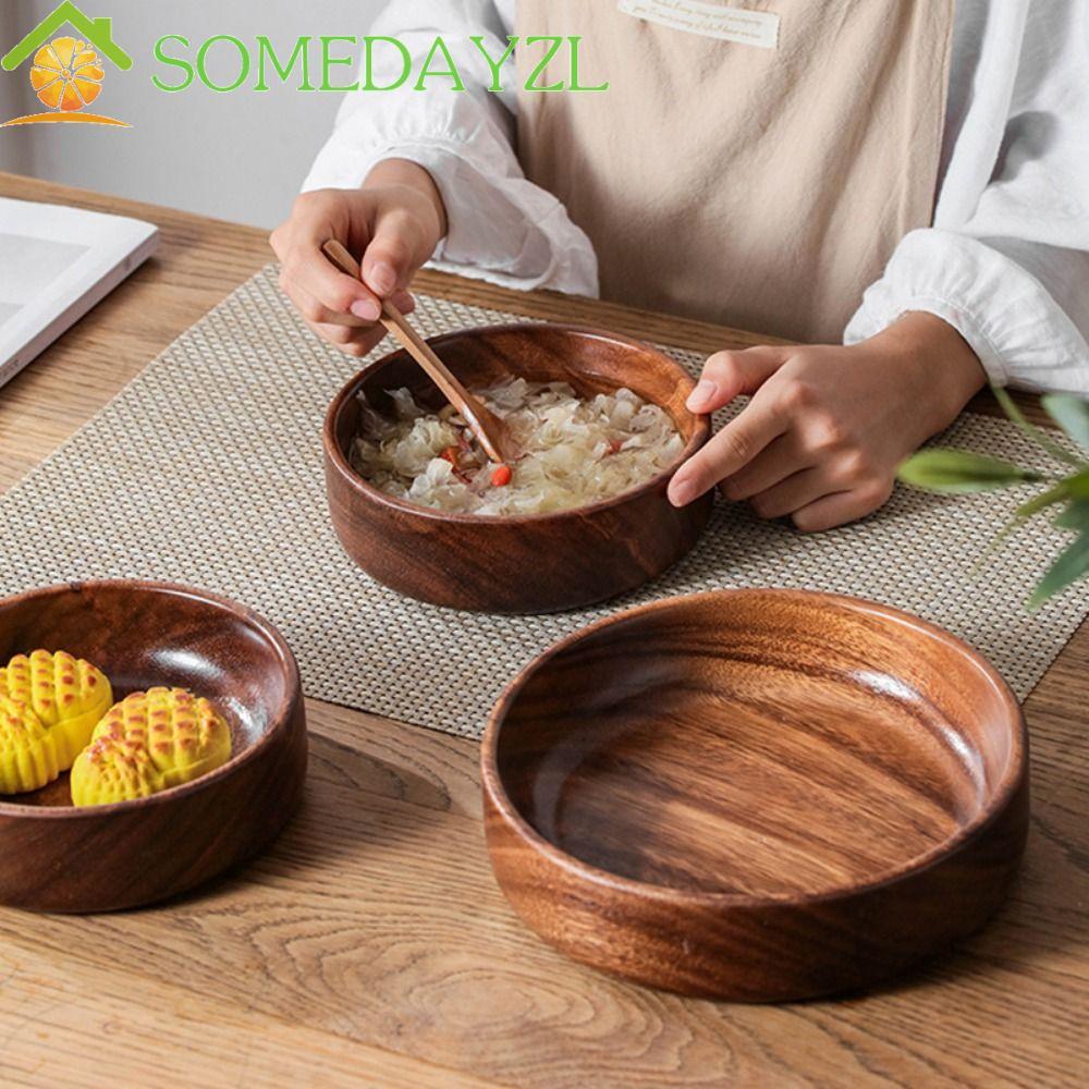 SOMEDAYZL ชามไม้เนื้อแข็ง, จานสลัดไม้ทรงกลมพื้นผิวเรียบ, วินเทจทําความสะอาดง่ายวางซ้อนกันได้แข็งแรงถาดขนมเสิร์ฟร้านอาหาร