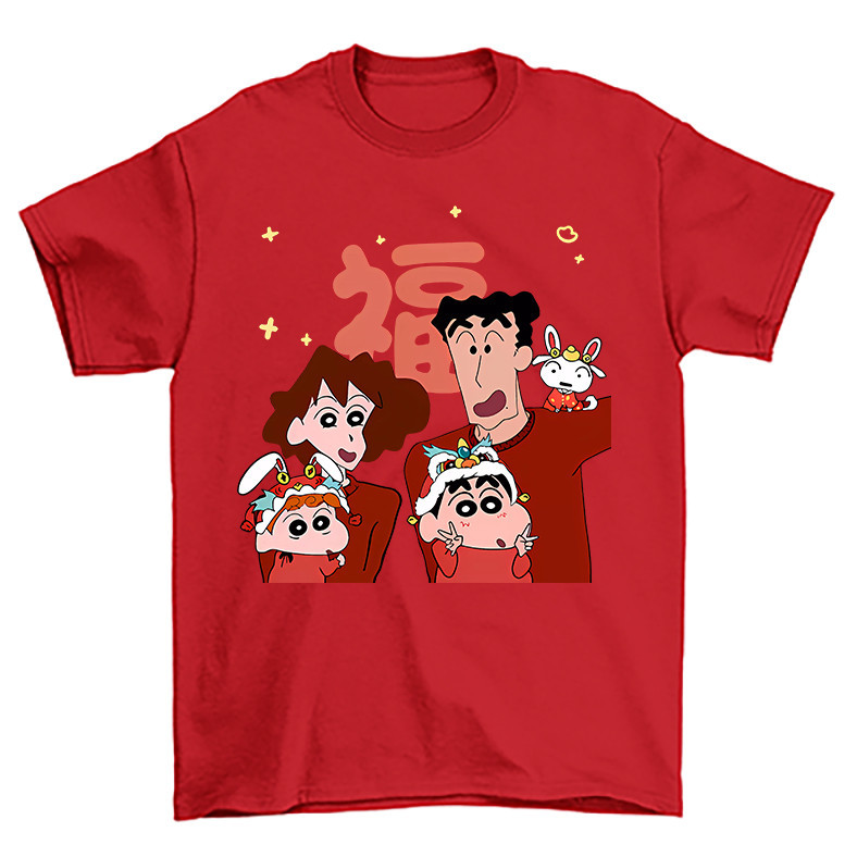 CODACE ยี่ห้อใหม่ผ้าฝ้ายความอบอุ่นพ่อแม่และลูกแขนสั้นเสื้อยืด Crayon Shin-chan ครอบครัวพิมพ์ภาพคอรอบ