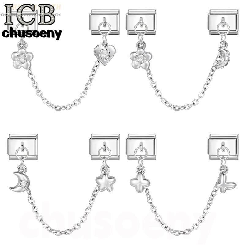 ยอดนิยม Love ดอกไม้ Moom Sliver Chain อิตาเลี่ยน Charm Links Fit 9 มม.สร้อยข้อมือสแตนเลสทําเครื่องประดับ