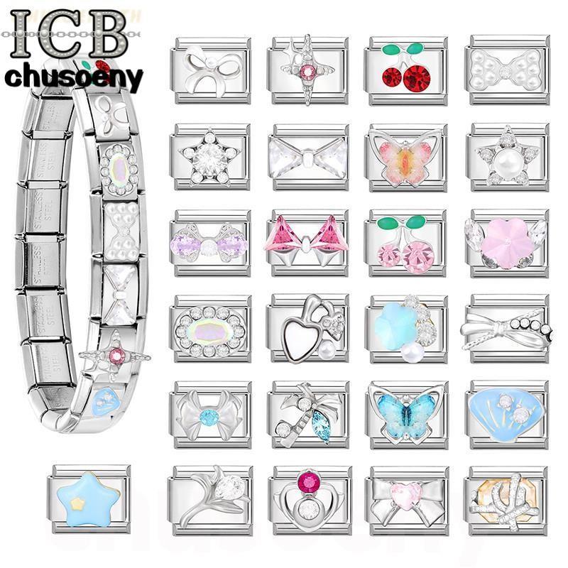 ยอดนิยมเพชรเชอร์รี่อิตาเลี่ยน Charm Links Fit 9 มม.สร้อยข้อมือสแตนเลสทําเครื่องประดับ