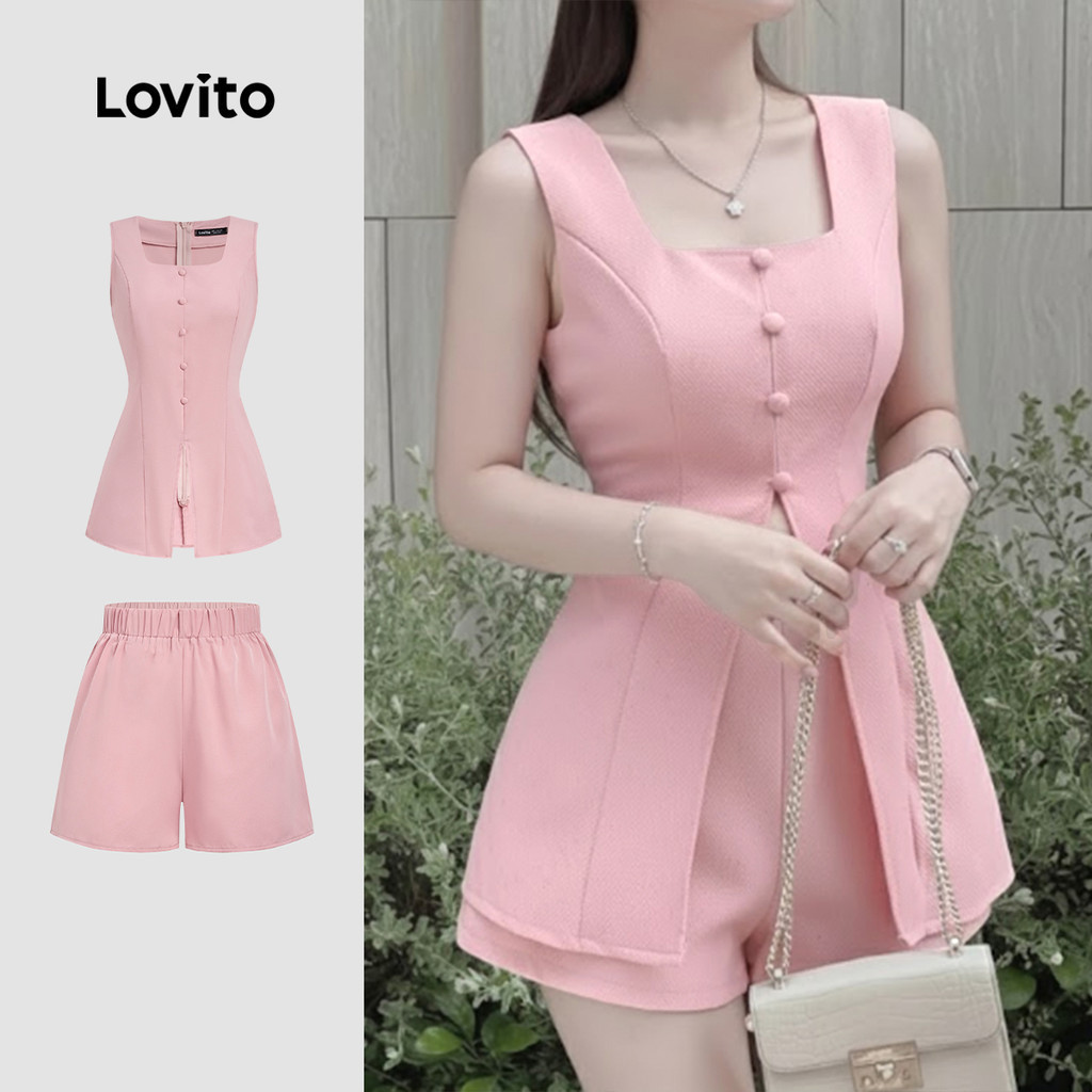 Lovito สง่างาม เสื้อหรือกางเกง ปุ่มฤดูใบไม้ผลิ/ฤดูร้อน สีชมพู เสื้อสําหรับผู้หญิง L164ED380
