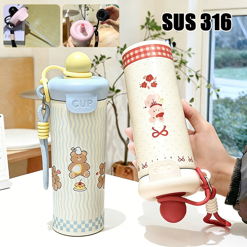 [พร้อมส่ง] SUS316 สแตนเลสแบบพกพาฟางกระติกน้ำร้อนถ้วยลอยสร้าง 600ML สรรค์ถ้วยน้ำความจุขนาดใหญ่ถ้วยการ์ตูน