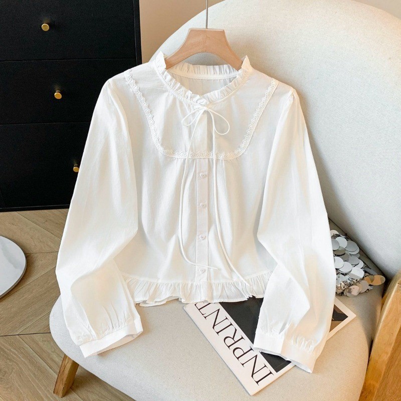 COCO-เสื้อสุภาพสตรี สีทึบ แขนยาว ผูกขึ้น ประเภทรุ่นหลวม สดชื่น วรรณกรรมและศิลปะ สง่างาม แฟชั่นฤดูร้อน
