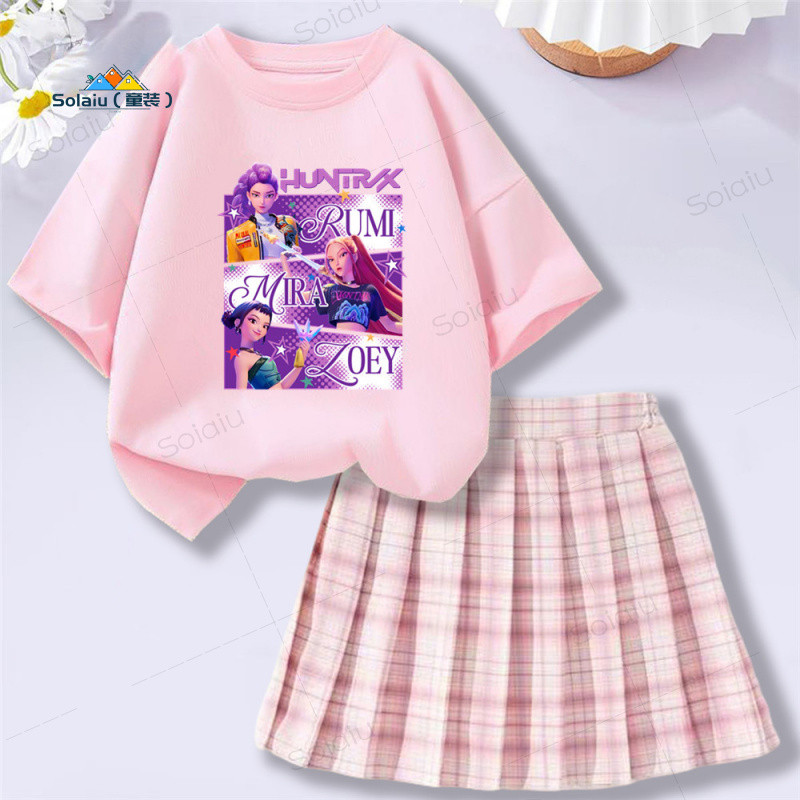 ชุดเด็กผู้หญิงสไตล์การ์ตูนลายสก๊อตและเสื้อยืด พิมพ์แบบ K-Pop สวมใส่สบายในฤดูร้อน