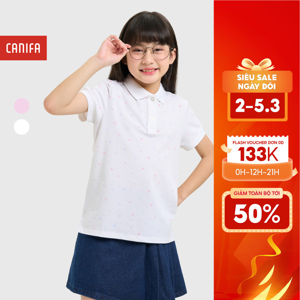 CANIFA เสื้อโปโลเด็กผู้หญิงพิมพ์ลายคอปกและแขน 1TP25S001