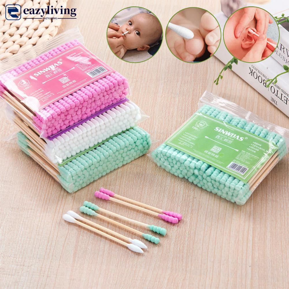 EAZYLIVING 100pcs Pack Double Head Cotton Swab ผู้หญิงแต่งหน้า Cotton Buds Tip สําหรับทางการแพทย์ไม้